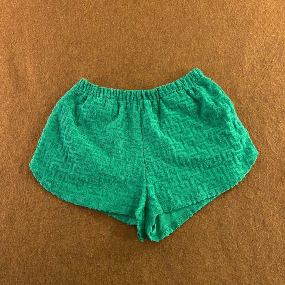 Celandine Womens XS Green Greek Key Textured Terry Cloth Beach Shorts New